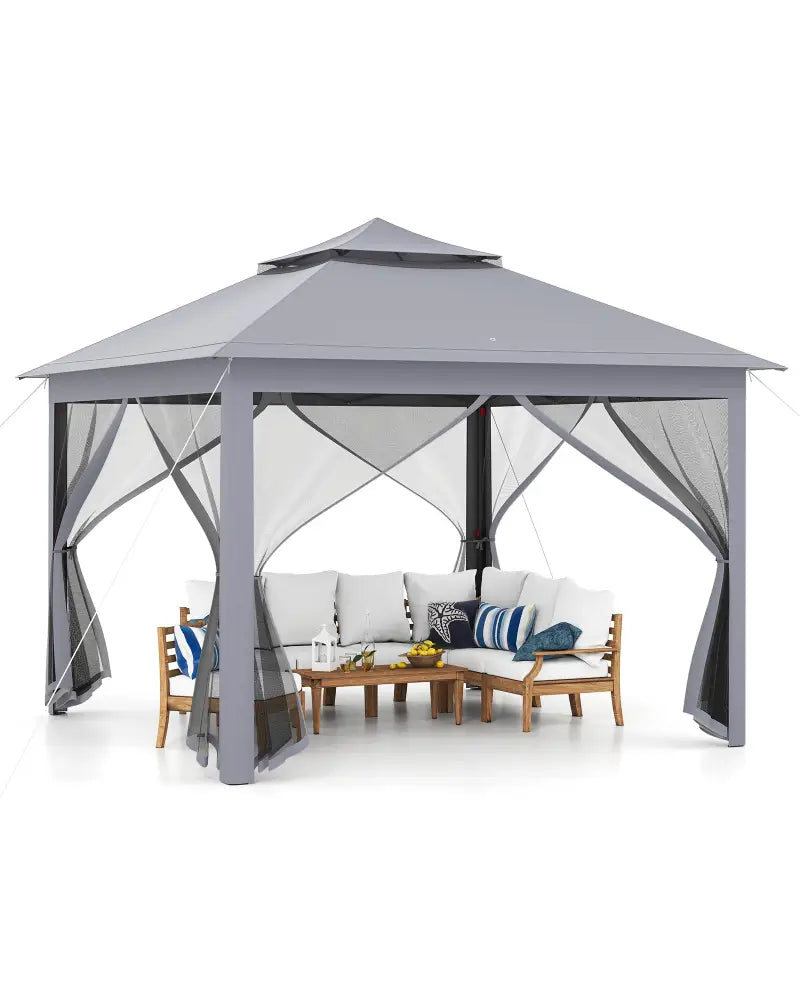 11 x 11 Feet 2-Tier Pop-Up Gazebo Tent Portable Canopy Shelter Carry Bag Mesh-Gray - Gray - Gazebos
