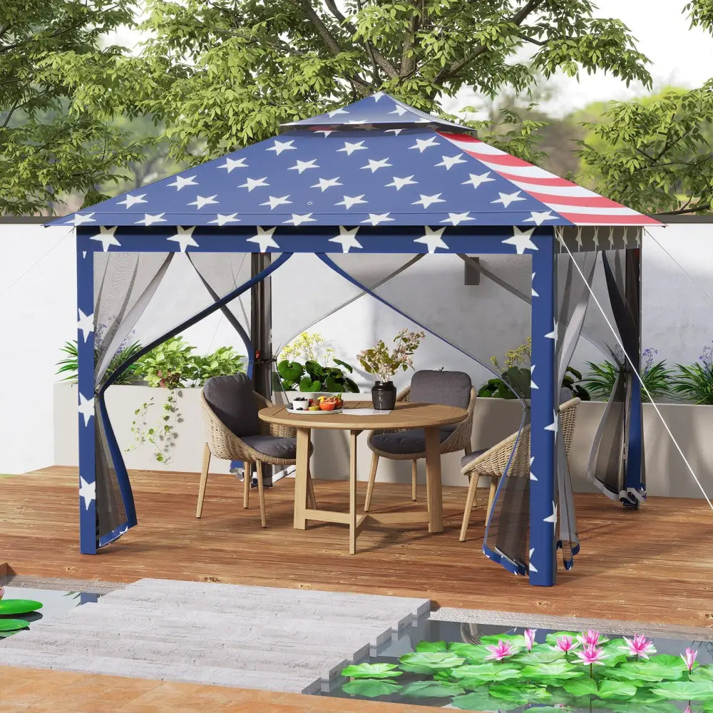 11 x 11 Feet 2-Tier Pop-Up Gazebo Tent Portable Canopy Shelter Carry Bag Mesh-Blue - Blue - Gazebos