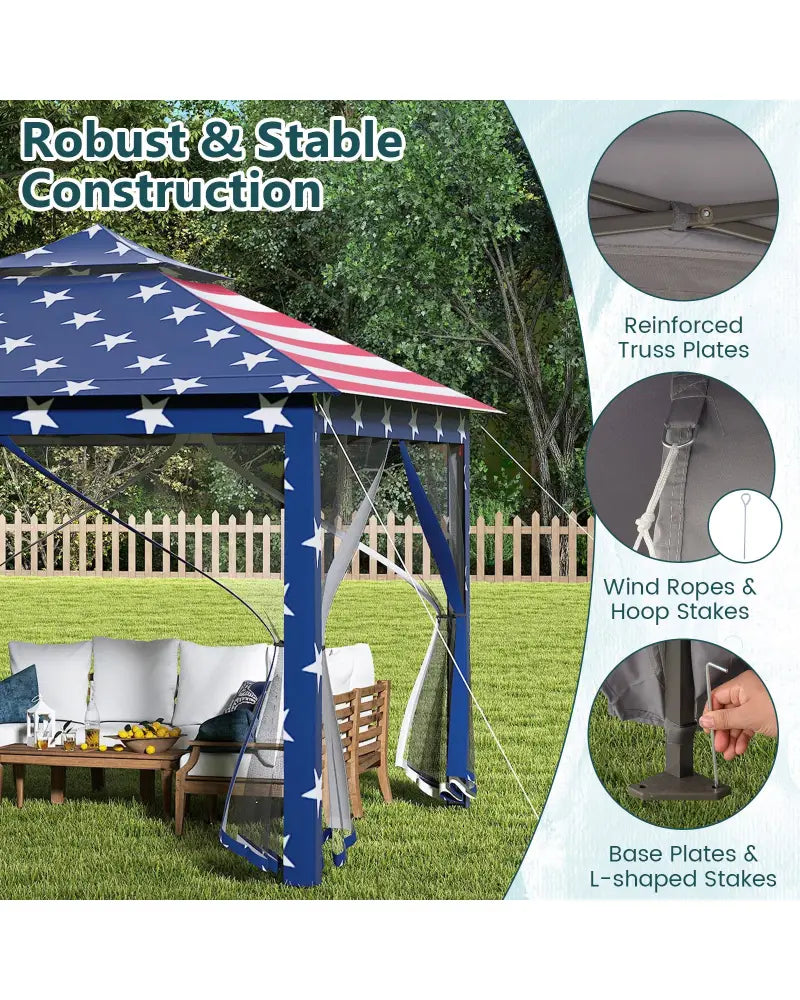 11 x 11 Feet 2-Tier Pop-Up Gazebo Tent Portable Canopy Shelter Carry Bag Mesh-Blue - Blue - Gazebos