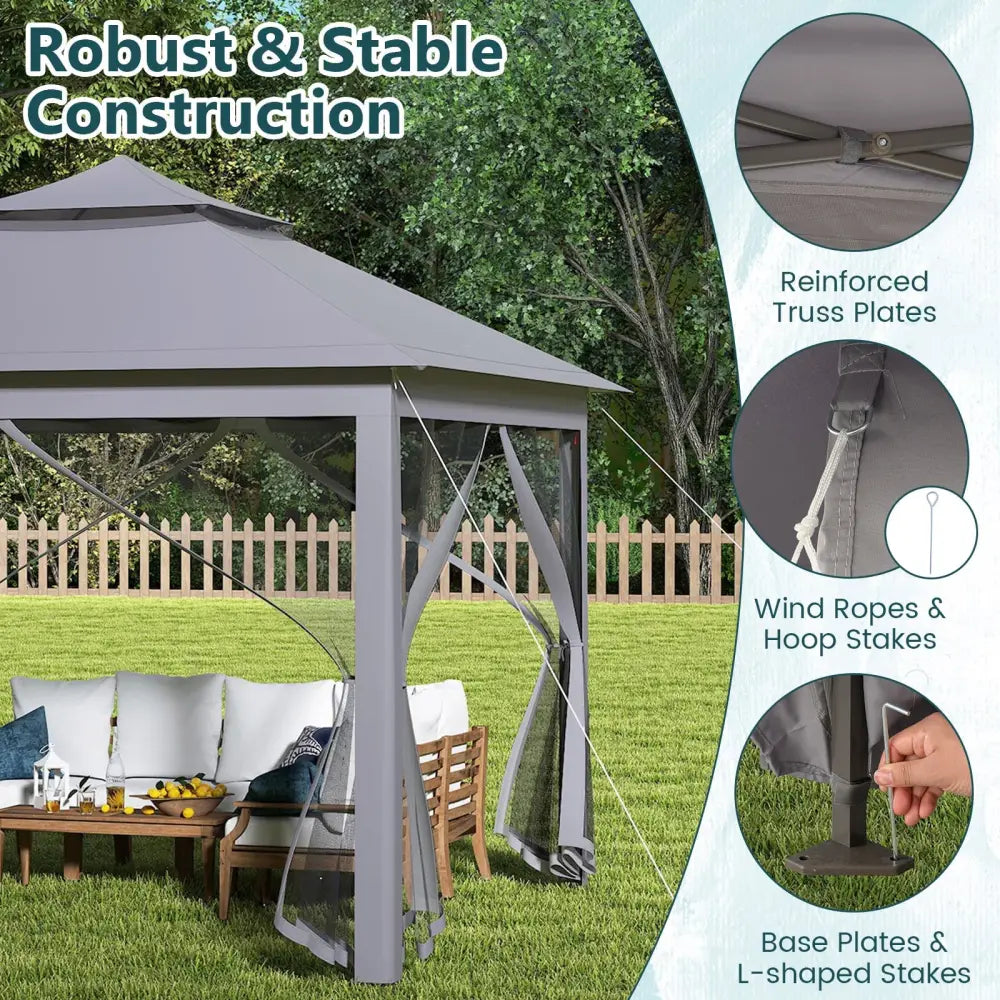 11 x 11 Feet 2-Tier Pop-Up Gazebo Tent Portable Canopy Shelter Carry Bag Mesh-Gray - Gray - Gazebos