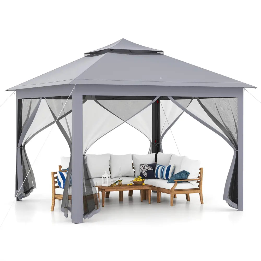 11 x 11 Feet 2-Tier Pop-Up Gazebo Tent Portable Canopy Shelter Carry Bag Mesh-Gray - Gray - Gazebos