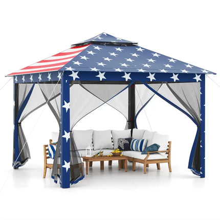 11 x 11 Feet 2-Tier Pop-Up Gazebo Tent Portable Canopy Shelter Carry Bag Mesh-Blue - Blue - Gazebos