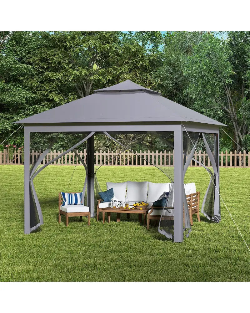 11 x 11 Feet 2-Tier Pop-Up Gazebo Tent Portable Canopy Shelter Carry Bag Mesh-Gray - Gray - Gazebos