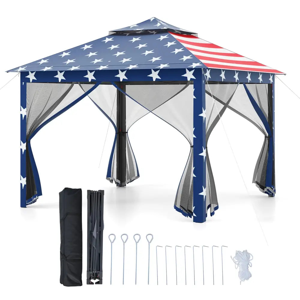 11 x 11 Feet 2-Tier Pop-Up Gazebo Tent Portable Canopy Shelter Carry Bag Mesh-Blue - Blue - Gazebos