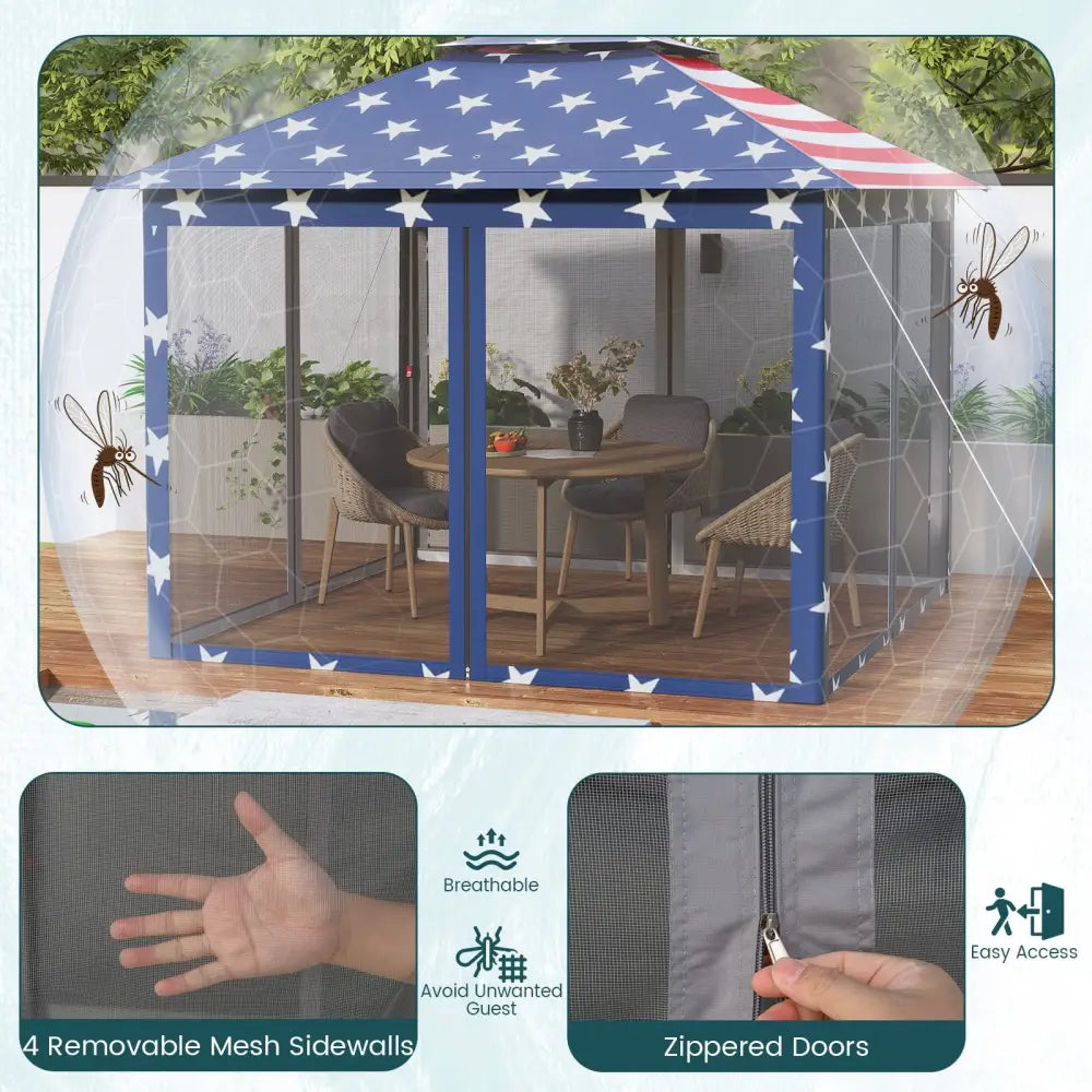 11 x 11 Feet 2-Tier Pop-Up Gazebo Tent Portable Canopy Shelter Carry Bag Mesh-Blue - Blue - Gazebos