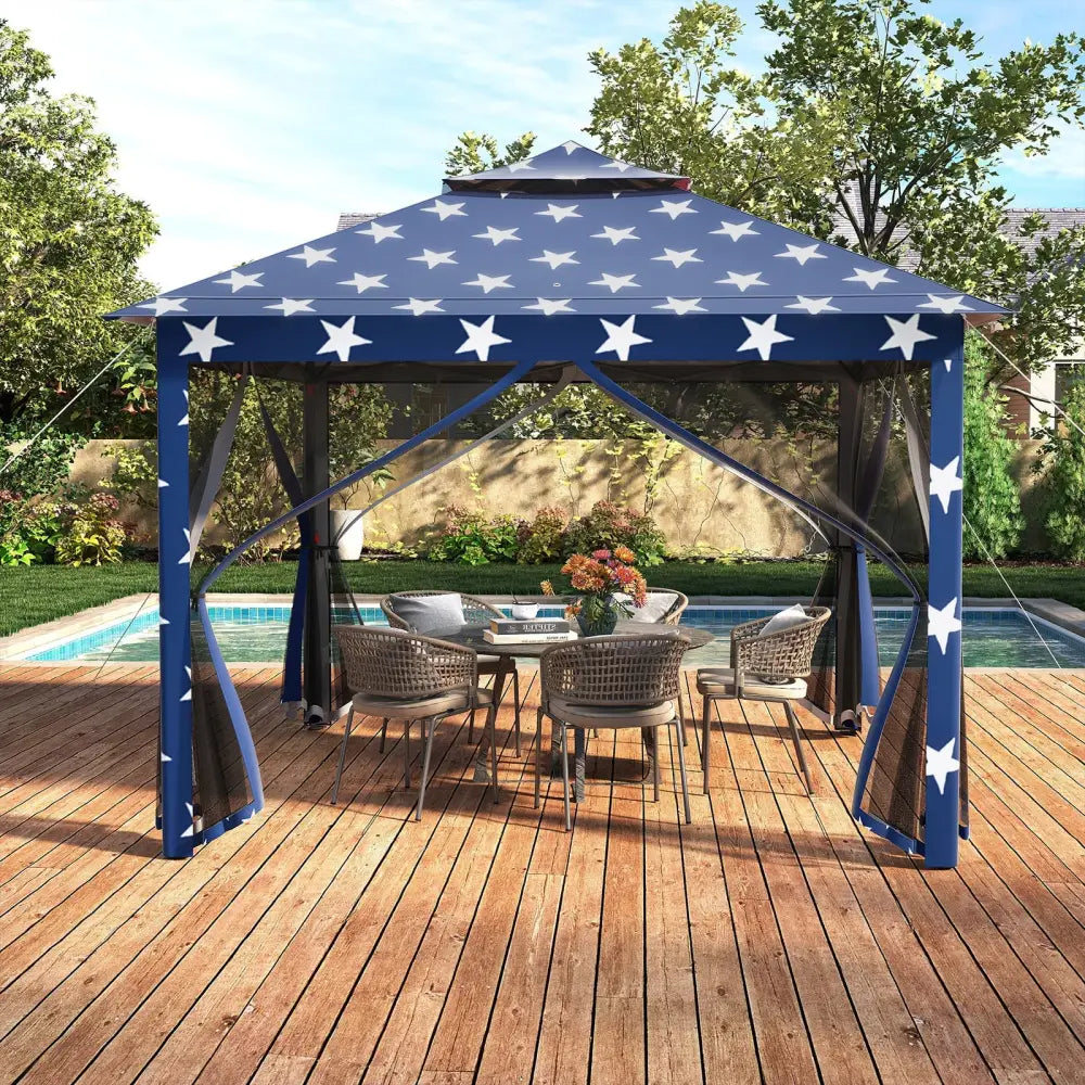 11 x 11 Feet 2-Tier Pop-Up Gazebo Tent Portable Canopy Shelter Carry Bag Mesh-Blue - Blue - Gazebos