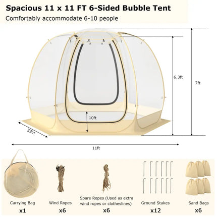 11 x 11 Feet Clear Dome Pop up Bubble Tent with Carrying Bag for 6-10 People-Beige - Beige - Tents