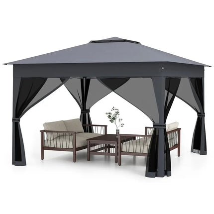 11 X 11 FT Pop Up Gazebo with Mesh Netting and Double Roof-Gray - Gray - Canopies