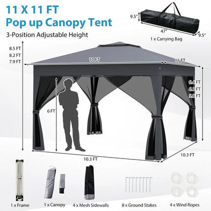 11 X 11 FT Pop Up Gazebo with Mesh Netting and Double Roof-Gray - Gray - Canopies