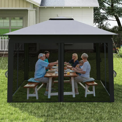 11 X 11 FT Pop Up Gazebo with Mesh Netting and Double Roof-Gray - Gray - Canopies