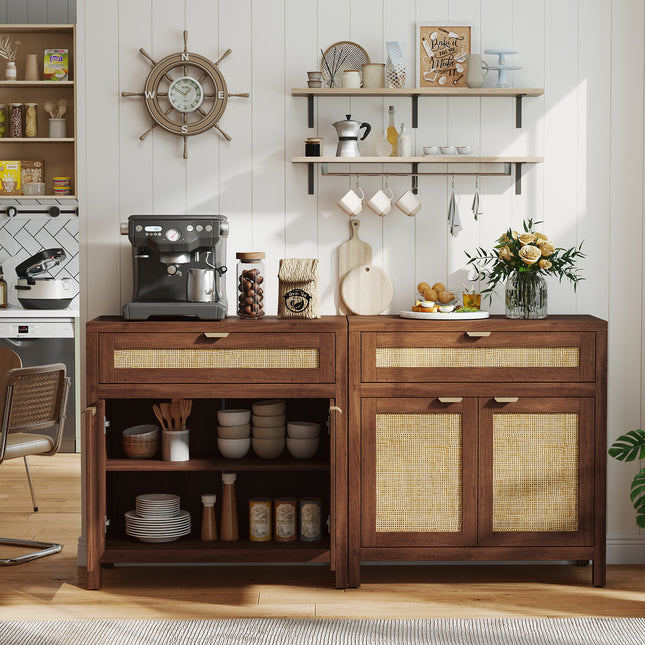 Sideboard Storage Cabinet with Rattan Doors and Drawer-Brown