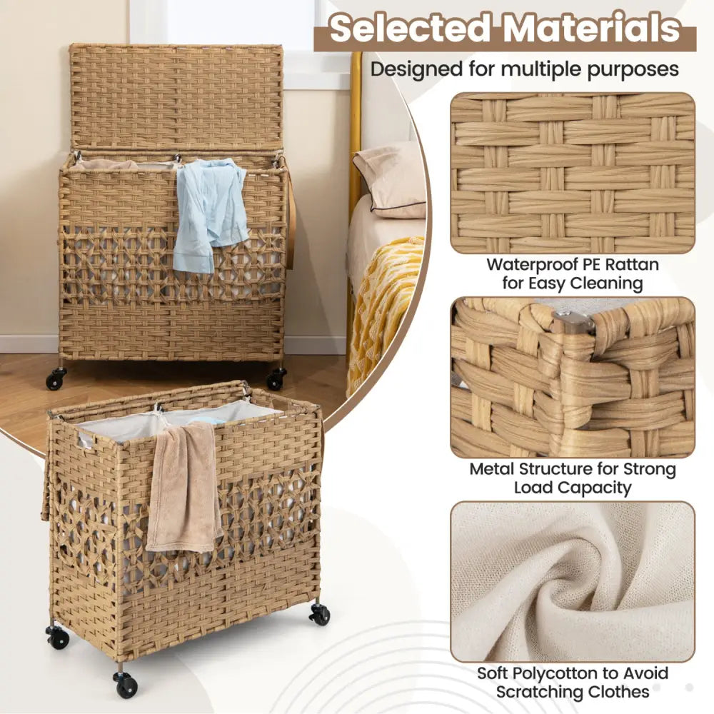 110L 2-Section Laundry Hamper with 2 Removable and Washable Liner Bags-Natural - Natural - Laundry Baskets