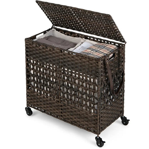 110L 2-Section Laundry Hamper with 2 Removable and Washable Liner Bags-Brown - Brown - Laundry Baskets