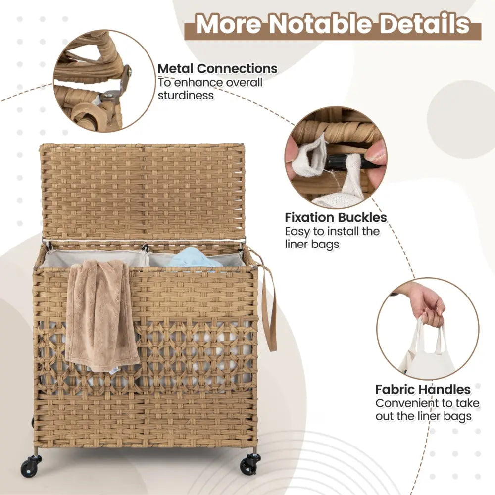 110L 2-Section Laundry Hamper with 2 Removable and Washable Liner Bags-Natural - Natural - Laundry Baskets