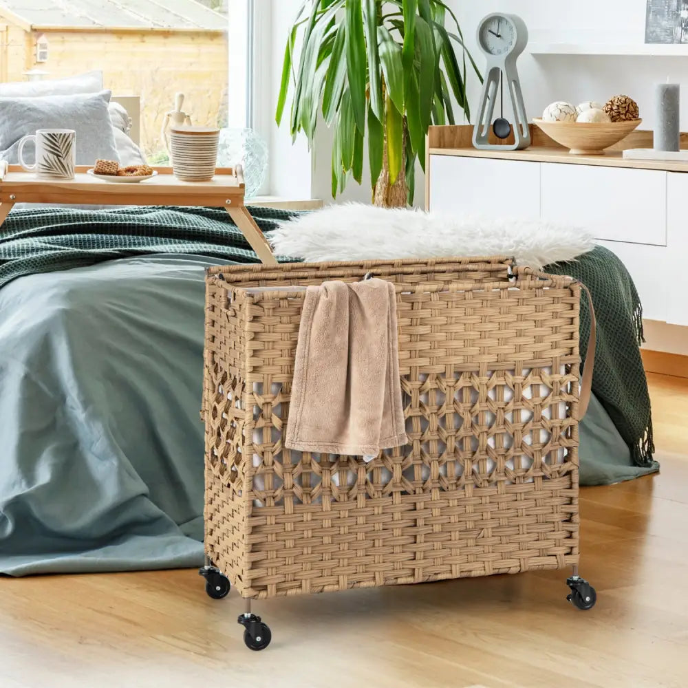 110L 2-Section Laundry Hamper with 2 Removable and Washable Liner Bags-Natural - Natural - Laundry Baskets