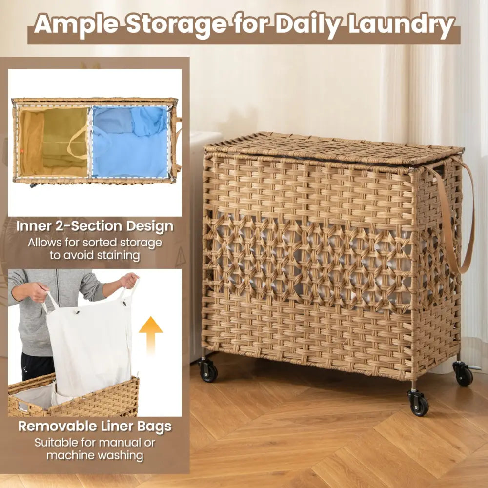 110L 2-Section Laundry Hamper with 2 Removable and Washable Liner Bags-Natural - Natural - Laundry Baskets