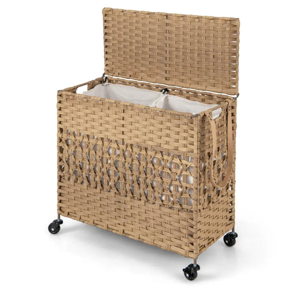 110L 2-Section Laundry Hamper with 2 Removable and Washable Liner Bags-Natural - Natural - Laundry Baskets