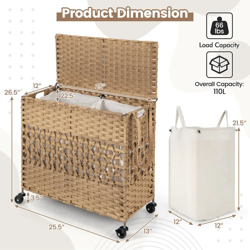 110L 2-Section Laundry Hamper with 2 Removable and Washable Liner Bags-Natural - Natural - Laundry Baskets