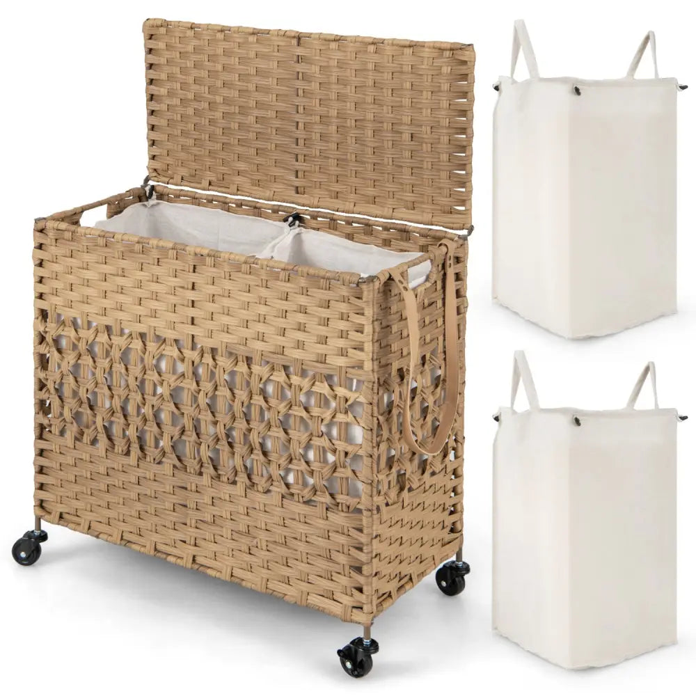 110L 2-Section Laundry Hamper with 2 Removable and Washable Liner Bags-Natural - Natural - Laundry Baskets