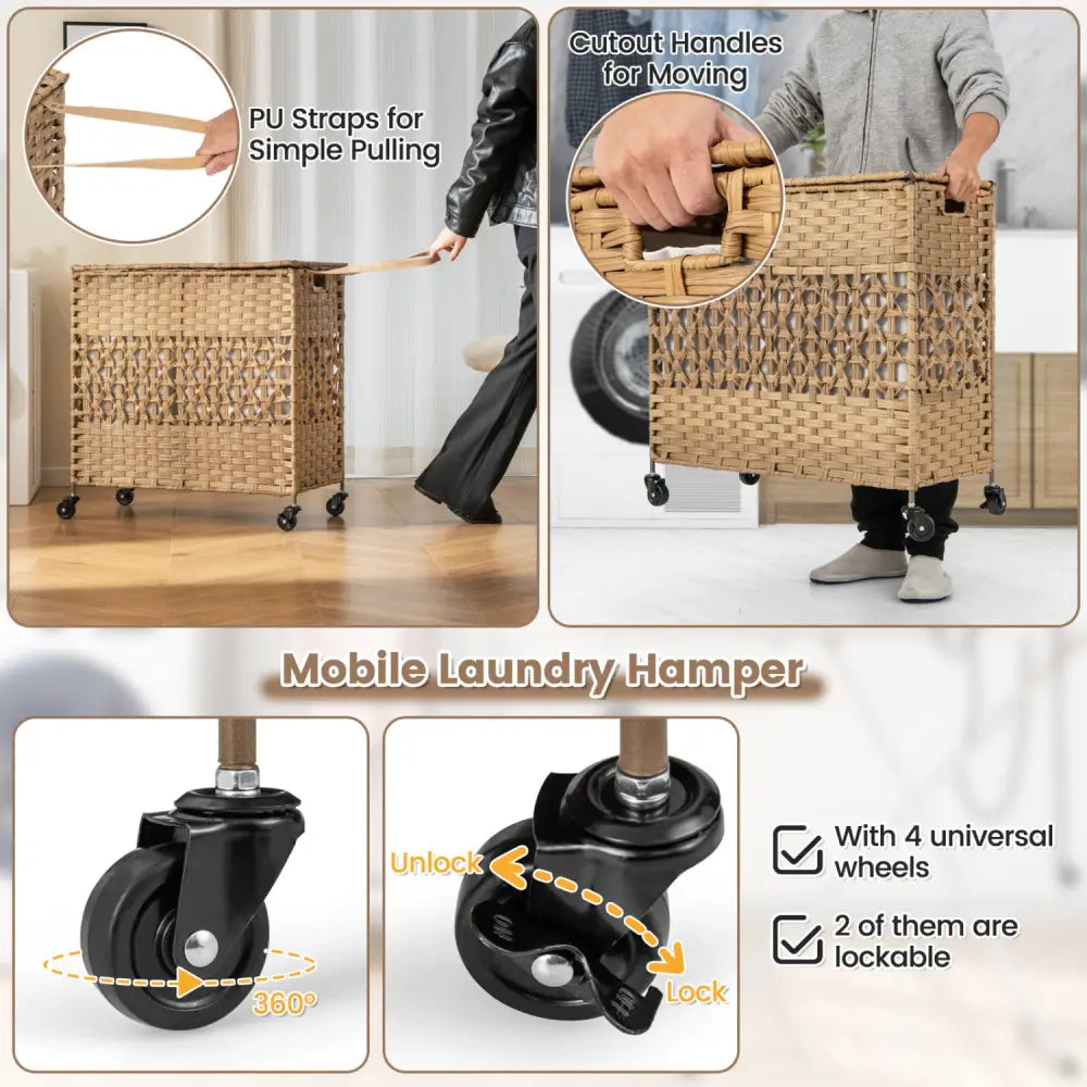 110L 2-Section Laundry Hamper with 2 Removable and Washable Liner Bags-Natural - Natural - Laundry Baskets