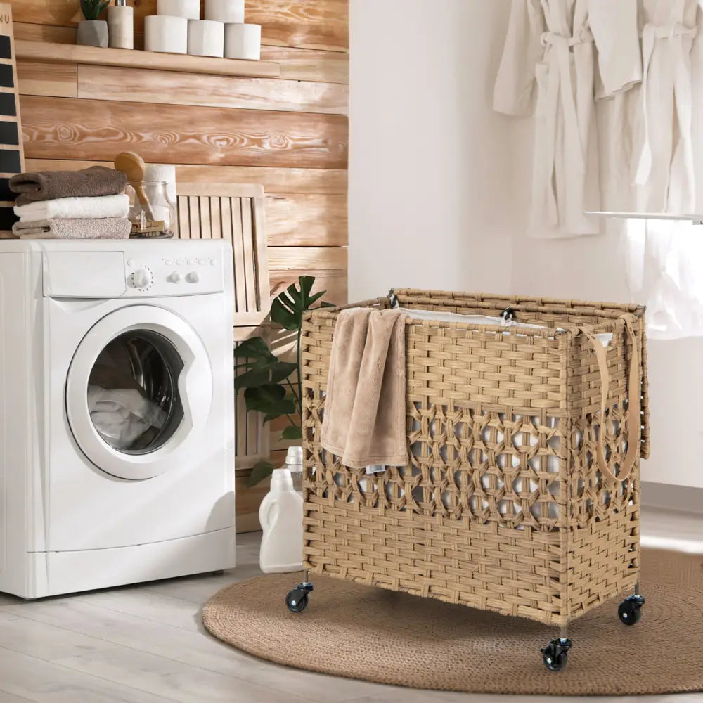 110L 2-Section Laundry Hamper with 2 Removable and Washable Liner Bags-Natural - Natural - Laundry Baskets
