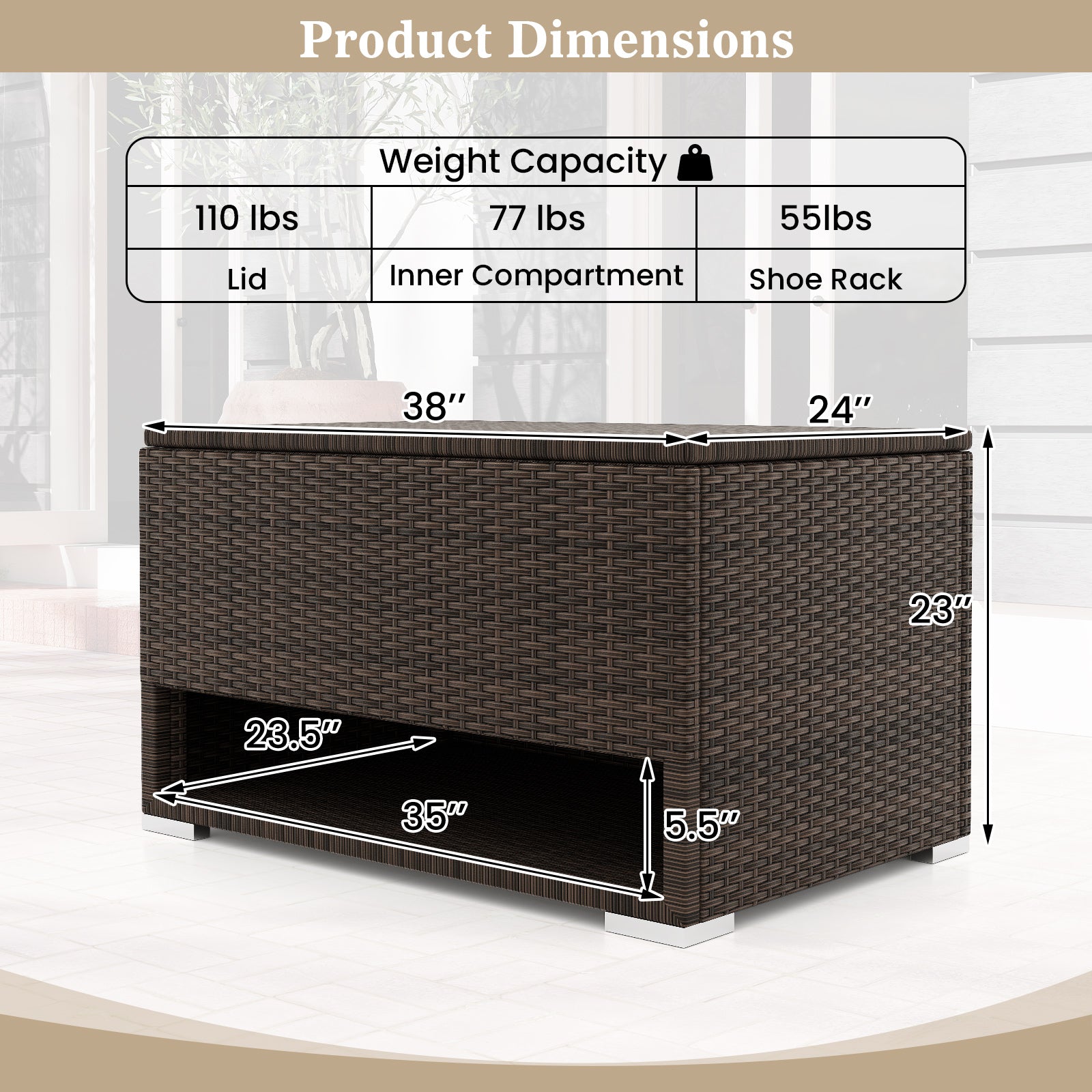 PE Rattan Storage Bin with Waterproof Liner for Patio Cushions