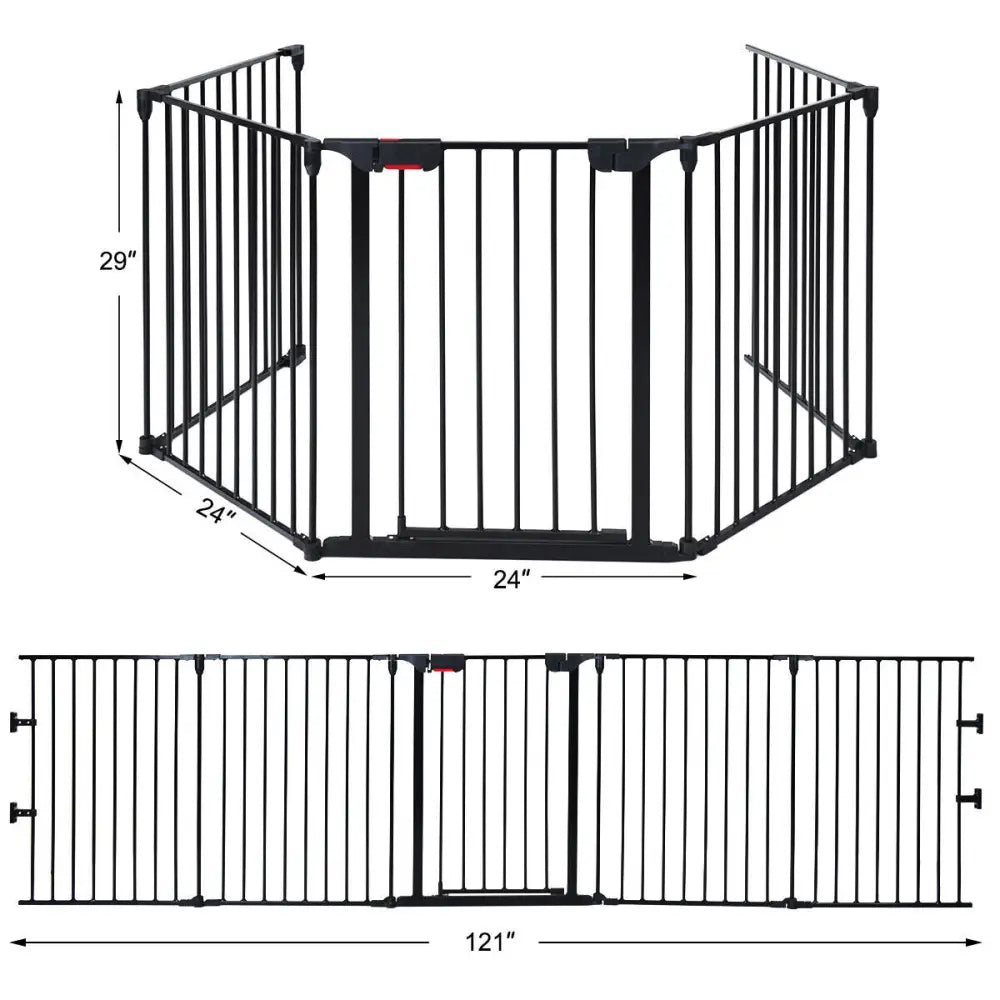 115 Inch Length 5 Panel Adjustable Wide Fireplace Fence-Black - Black - Pet Gate