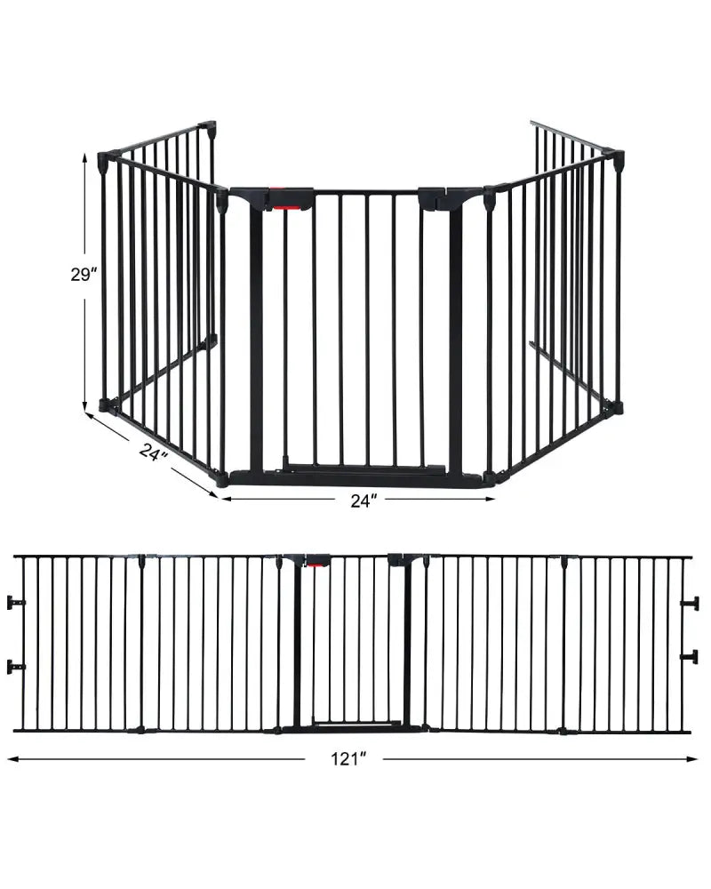 115 Inch Length 5 Panel Adjustable Wide Fireplace Fence-Black - Black - Pet Gate