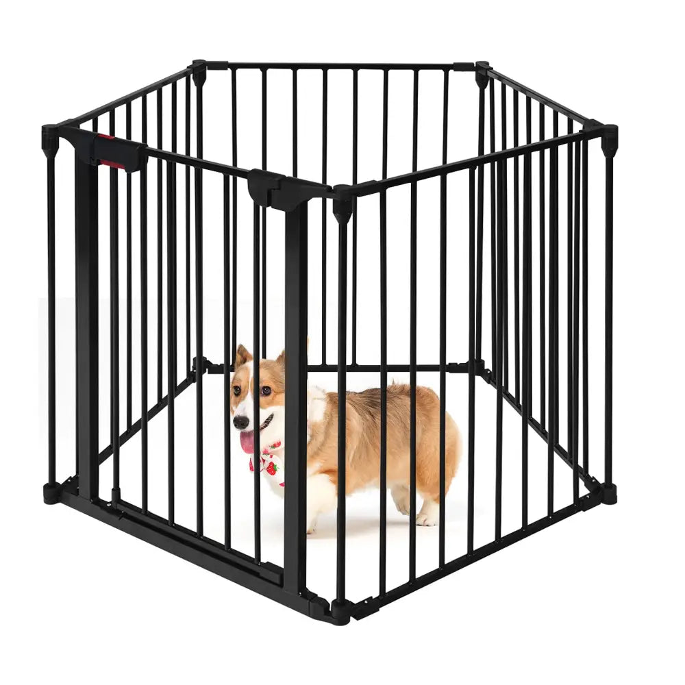 115 Inch Length 5 Panel Adjustable Wide Fireplace Fence-Black - Black - Pet Gate