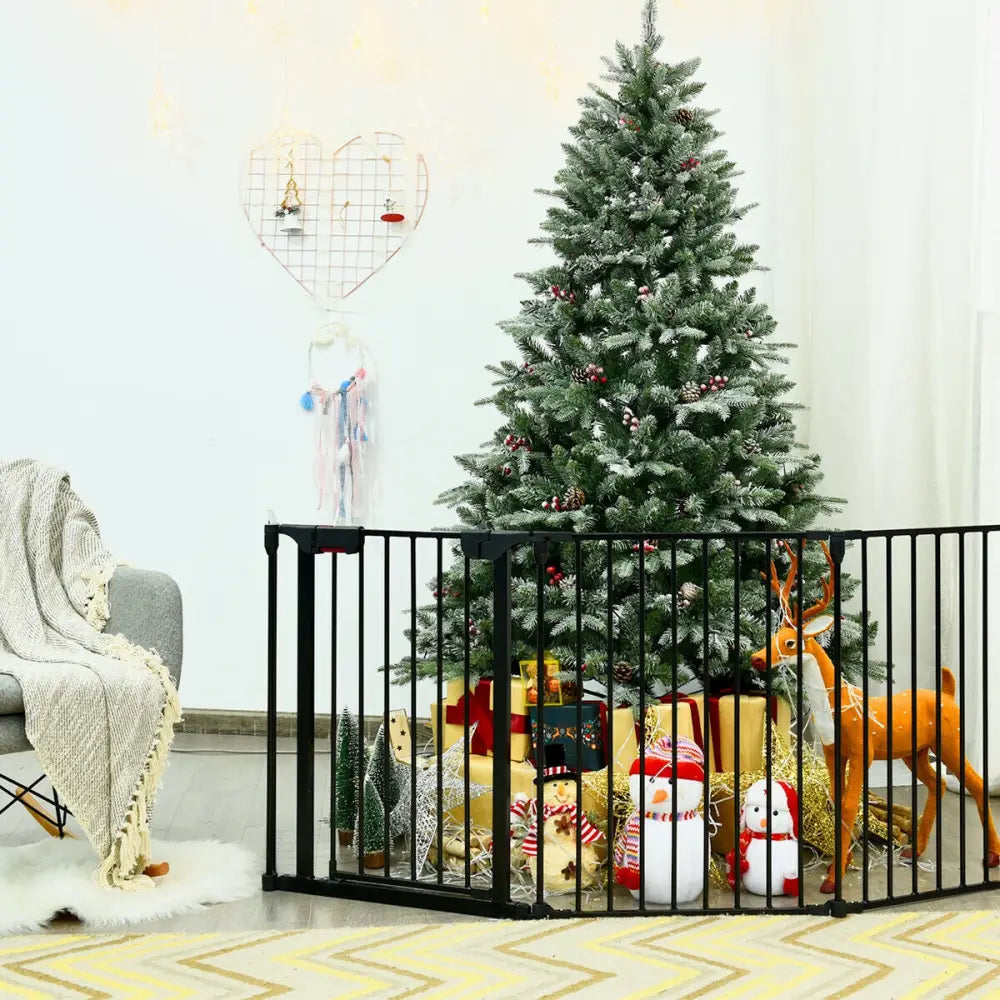 115 Inch Length 5 Panel Adjustable Wide Fireplace Fence-Black - Black - Pet Gate