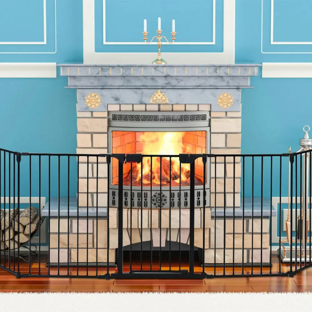 115 Inch Length 5 Panel Adjustable Wide Fireplace Fence-Black - Black - Pet Gate