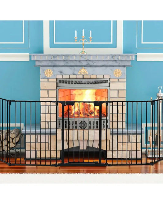 115 Inch Length 5 Panel Adjustable Wide Fireplace Fence-Black - Black - Pet Gate
