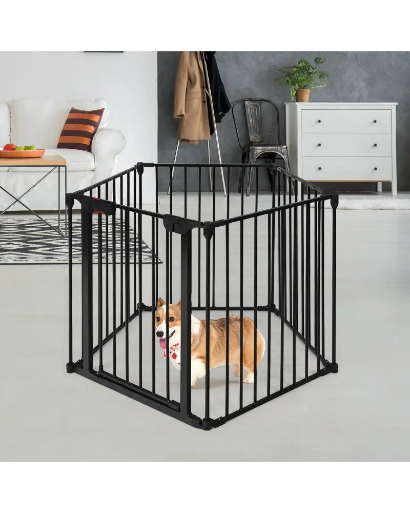115 Inch Length 5 Panel Adjustable Wide Fireplace Fence-Black - Black - Pet Gate