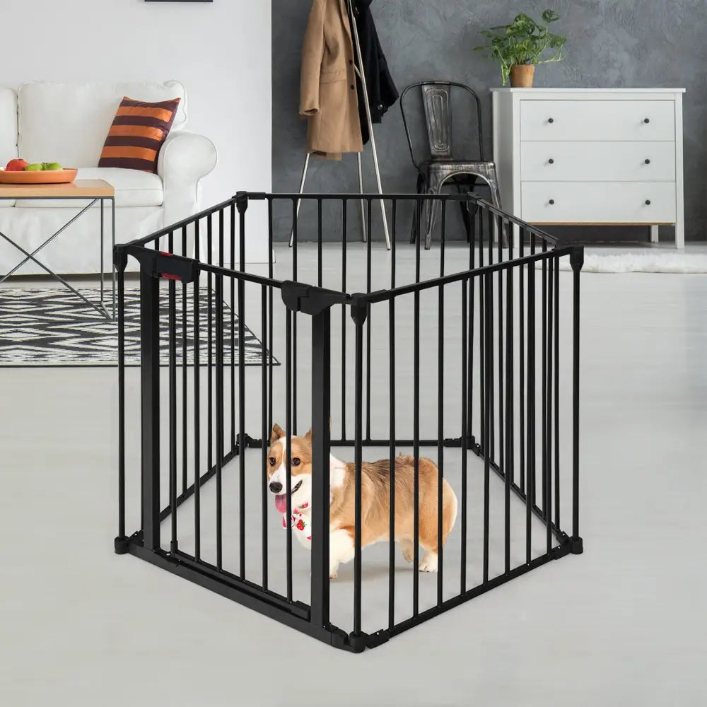 115 Inch Length 5 Panel Adjustable Wide Fireplace Fence-Black - Black - Pet Gate