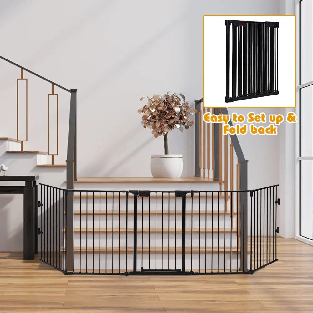 115 Inch Length 5 Panel Adjustable Wide Fireplace Fence-Black - Black - Pet Gate