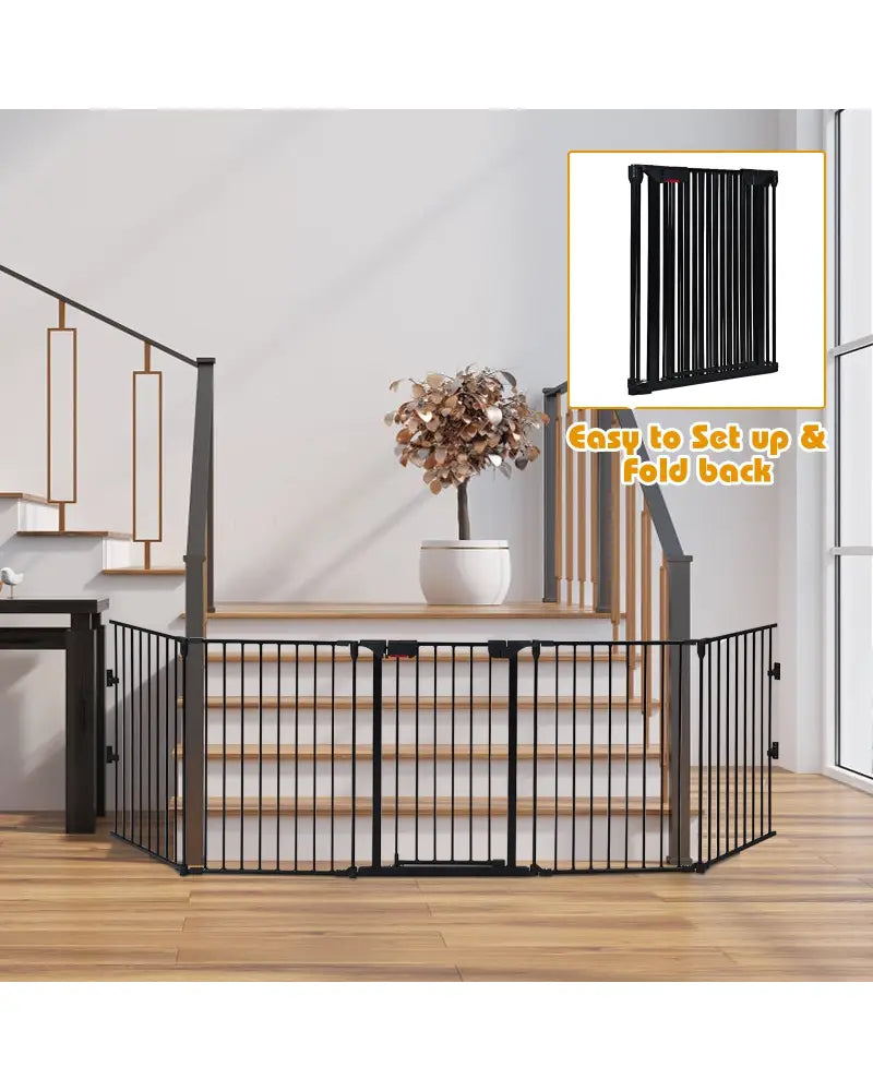 115 Inch Length 5 Panel Adjustable Wide Fireplace Fence-Black - Black - Pet Gate
