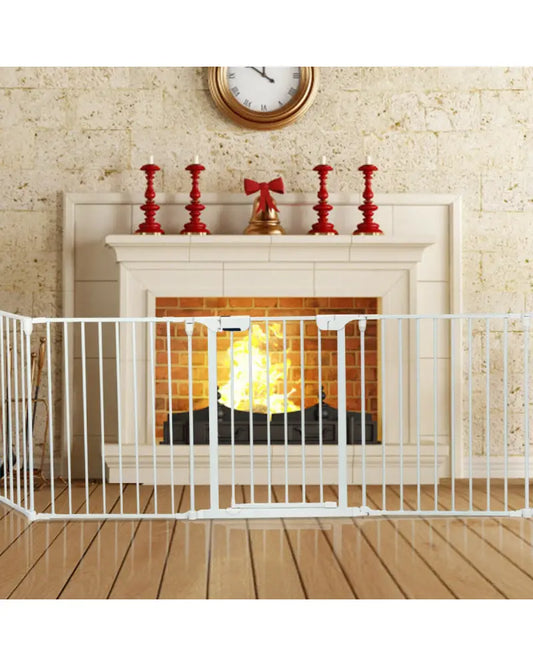 115 Inch Length 5 Panel Adjustable Wide Fireplace Fence-White - White - Pet Gate