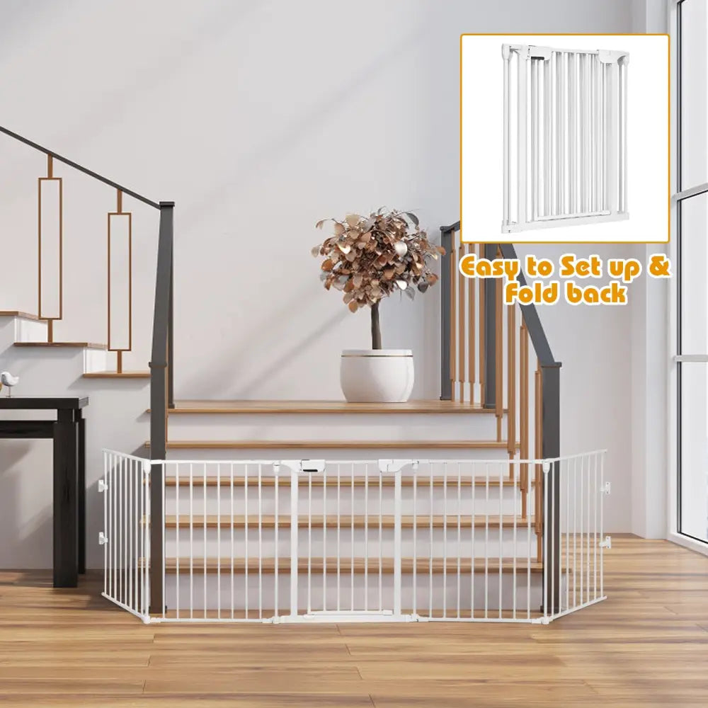 115 Inch Length 5 Panel Adjustable Wide Fireplace Fence-White - White - Pet Gate