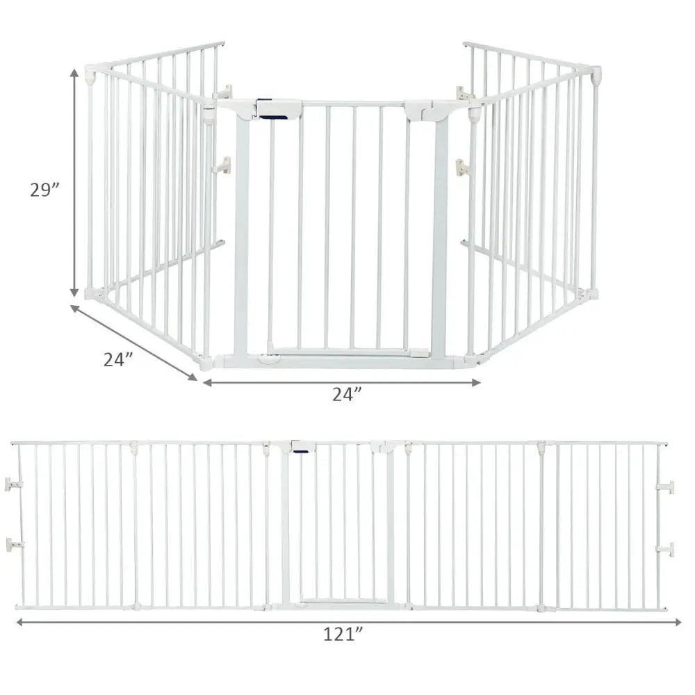 115 Inch Length 5 Panel Adjustable Wide Fireplace Fence-White - White - Pet Gate