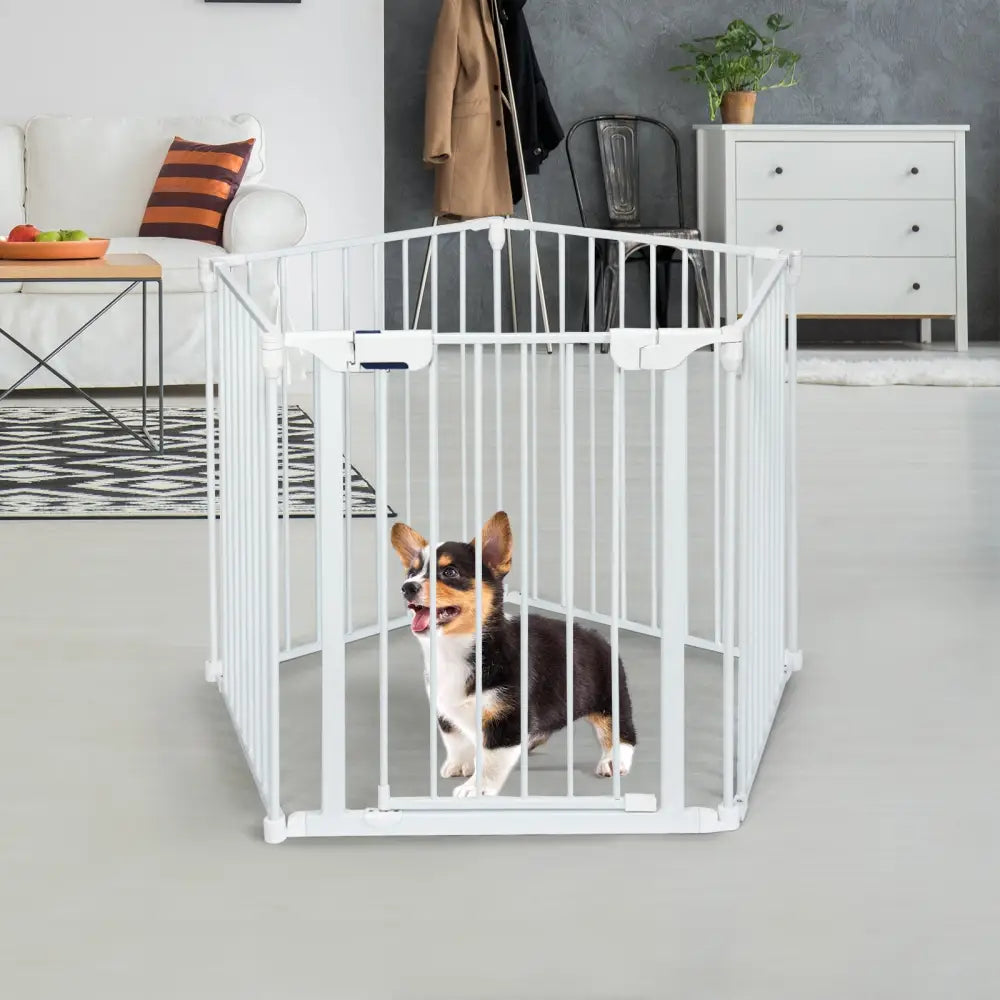 115 Inch Length 5 Panel Adjustable Wide Fireplace Fence-White - White - Pet Gate