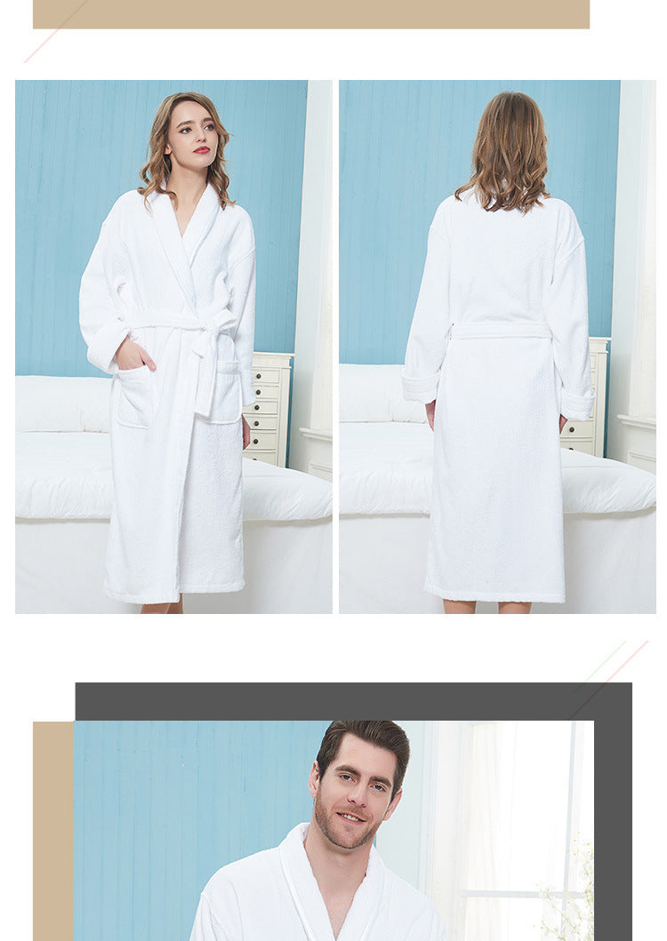 Woman wearing a white bathrobe in a bathroom setting