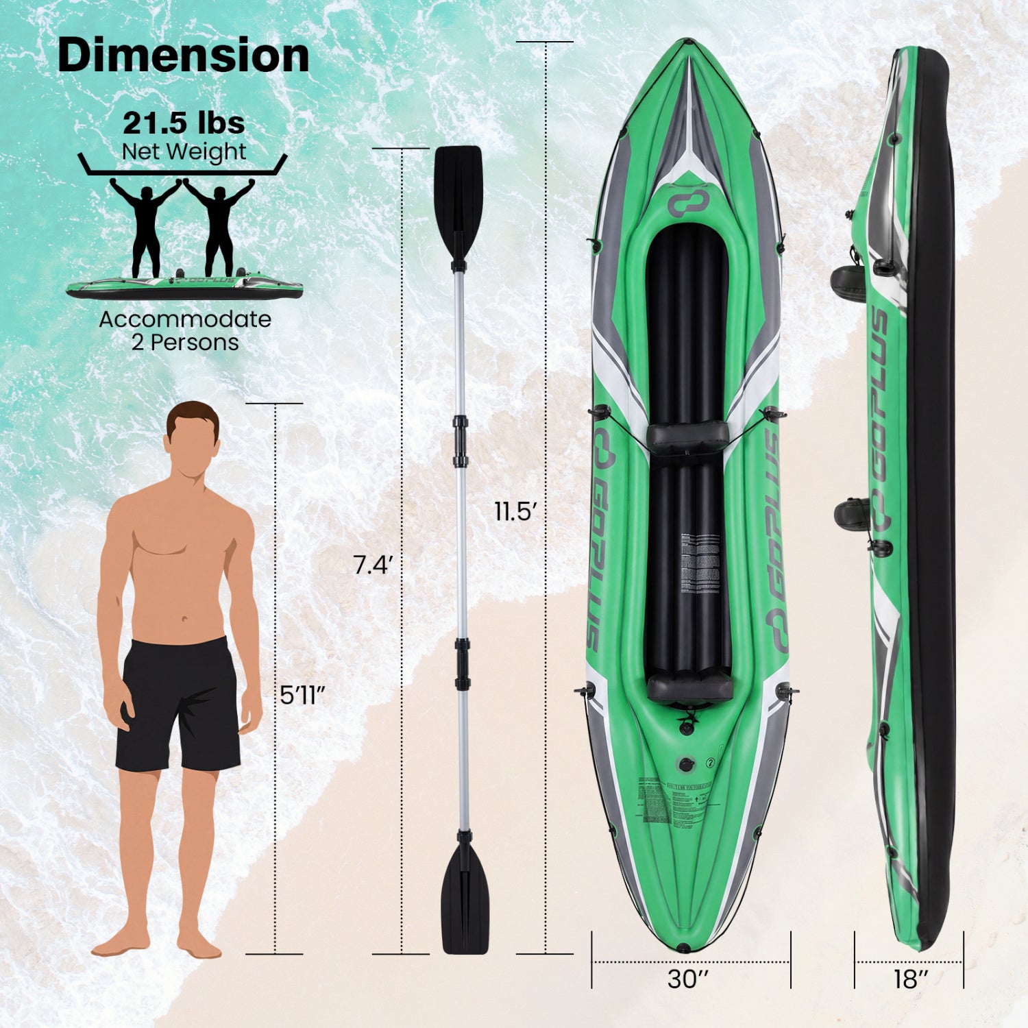 11.5 Feet Inflatable Kayak 2 Person Heavy Duty with Aluminum Paddles-Green