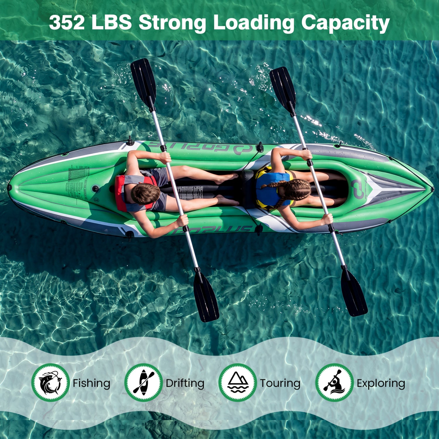 11.5 Feet Inflatable Kayak 2 Person Heavy Duty with Aluminum Paddles-Green