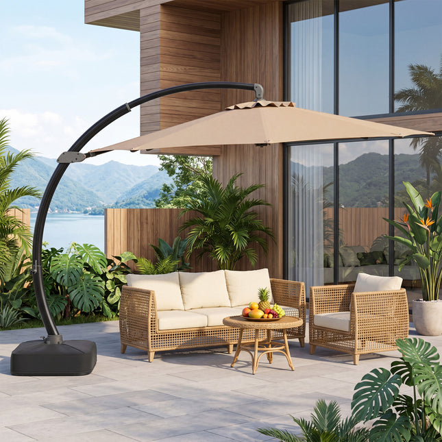11 FT Cantilever Patio Umbrella with Base with 360° Rotation and Tilt Adjustment-Brown
