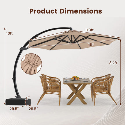 11 FT Cantilever Patio Umbrella with Base with 360° Rotation and Tilt Adjustment-Brown
