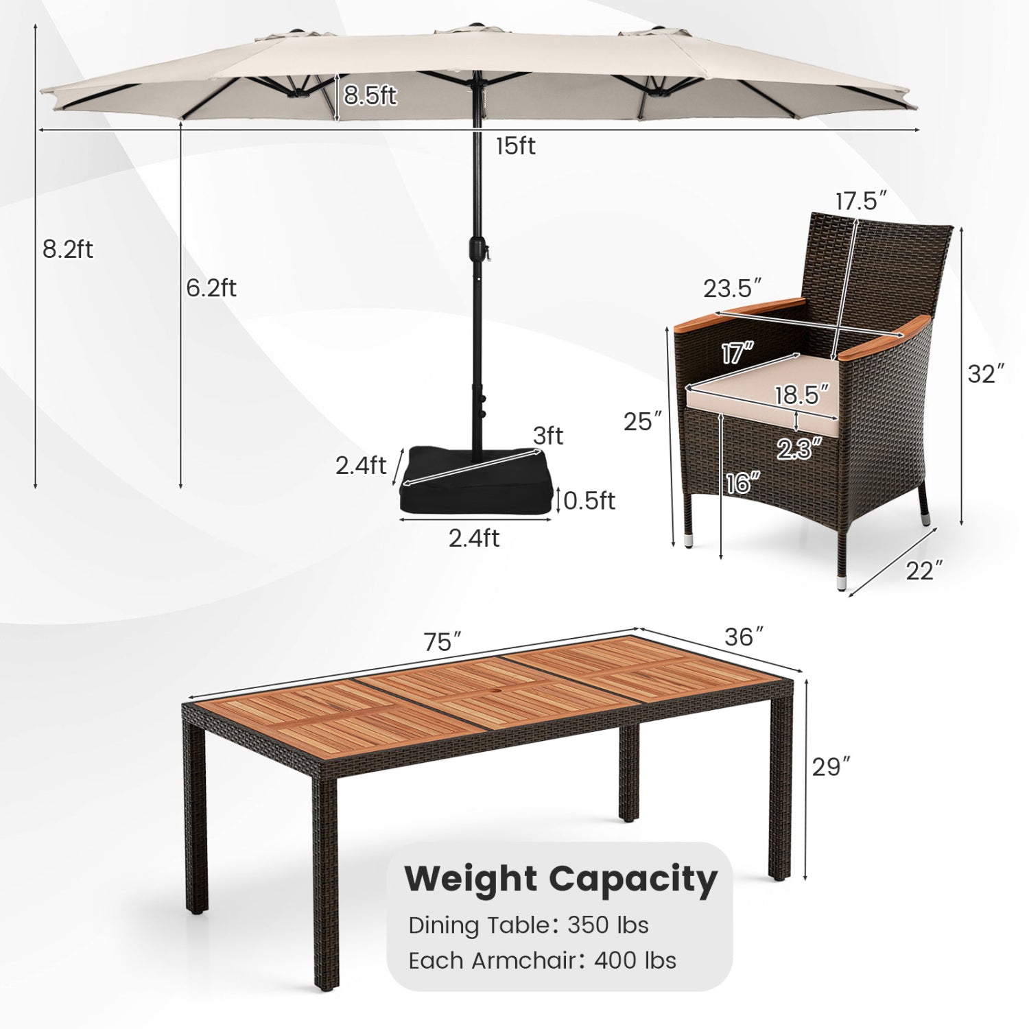 11 Pieces Patio Dining Set with 15 Feet Double-Sided Patio Umbrella and Base-Beige