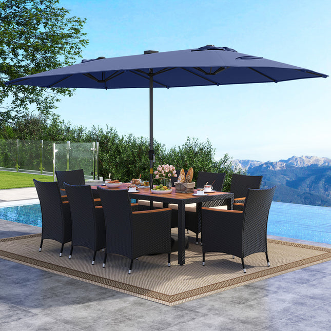 11 Pieces Patio Dining Set with LED Patio Umbrella with Base and Seat Cushions (Beige)-Navy