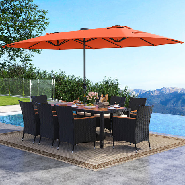 11 Pieces Patio Dining Set with LED Patio Umbrella with Base and Seat Cushions (Beige)-Orange