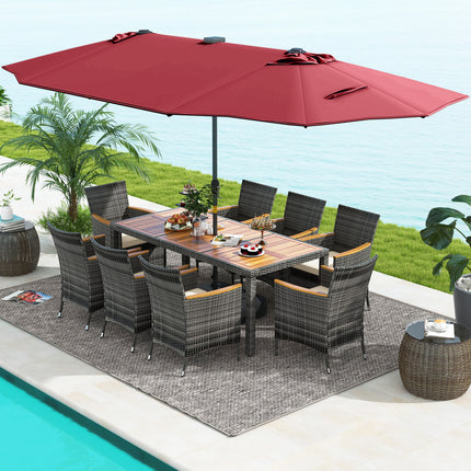 11 Pieces Patio Dining Set with 15 Feet Double-Sided Patio Umbrella Base Included-Wine