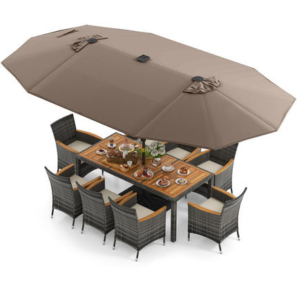 11 Pieces Patio Dining Set with 15 Feet Double-Sided Patio Umbrella Base Included-Tan